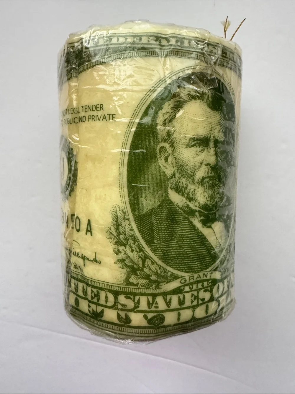 Vintage 1996 Sun-It Corp Money Talks $50 Bill Citronella Pillar Candle 3.5” NOS